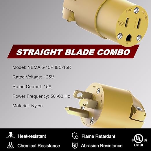 CUBEFELLER® Electrical Replacement Plug & Connector Set, Extension Cord Ends Male and Female, 3 Prong, 15Amp, 125Volt, NEMA 5-15P & NEMA 5-15R, UL Listed,1 Set,Comes with a Screwdriver,ER0105S