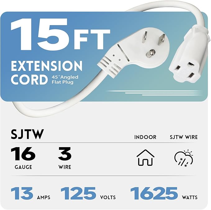 EP 15 Ft Flat Plug Extension Cord, 16 AWG 3 Prong Grounded White Low Profile Extension Cable for Indoor, UL Listed