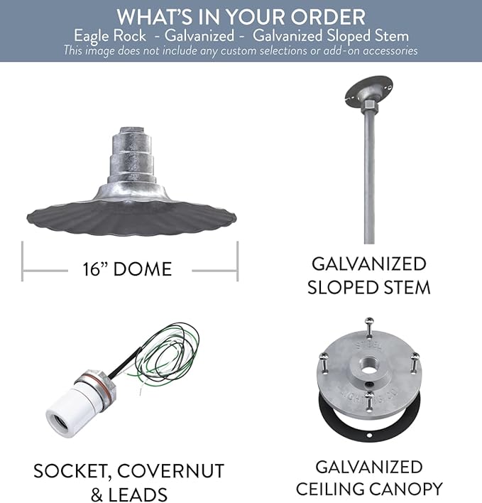 Steel Lighting Co. Eagle Rock Pendant | Ceiling Mounted Light | 16 inch Radial Wave | 12 inch Sloped Stem | Heavy Duty Steel Retro Farmhouse Style Made in America | Galvanized Exterior/Interior