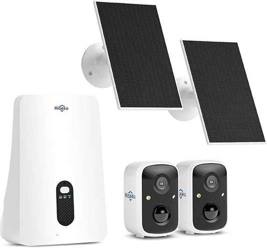 Hiseeu Security Cameras Wireless Outdoor, 2 Cam-Kit, Expandable to 10CH, No Monthly Fee, Solar-Powered, Home Security Cameras System with 2K Color Night Vision, Easy Setup, 2.4G & 5G WiFi