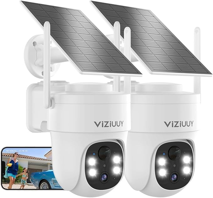 Solar Security Cameras Wireless Outdoor, 2 Pack 3MP Security Cameras Wireless Outdoor, Pan Tilt 360°WiFi Camera with Color Night Vision/PIR Sensor/2-Way Audio/Alexa/Google Assistant
