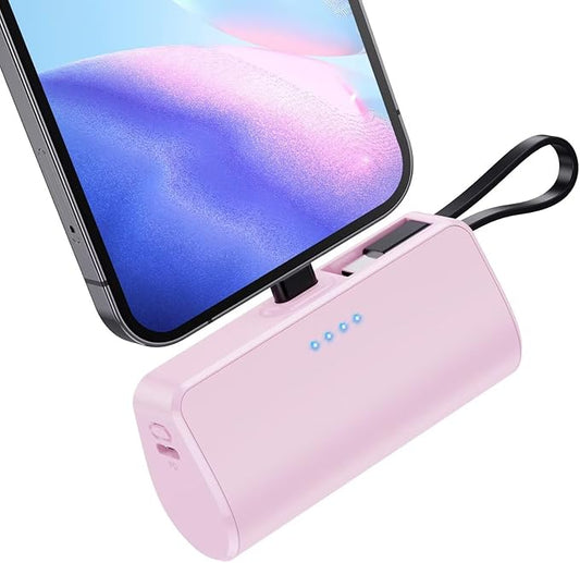 Mini Portable Charger for iPhone with Built-in Type-C Cable, 5200mAh Ultra-Compact Power Bank, PD 20W Fast Charging Battery Pack Phone Charger for iPhone 16/15/14/13, Samsung, Google, Android (Pink)