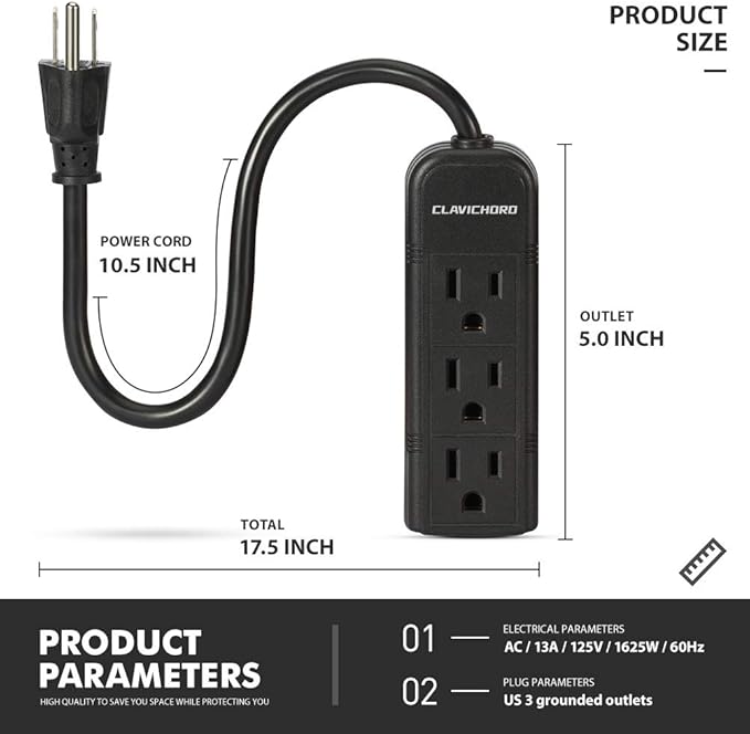 Power Strip with Flat Plug - 3 Ground Outlets 7 Inch Heavy Duty Braided Extension Cord Flat Plug Mountable Outlet Strip for Computer/Home/Office