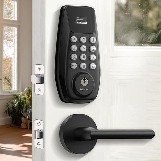 DESLOC C100 Keyless Entry Door Lock with 2 Lever Handles & Display, Electronic Keypad Deadbolt with Screen Digital Smart Front Door Lock Set, Auto Lock, Passage Mode, 12 Months Battery, Black