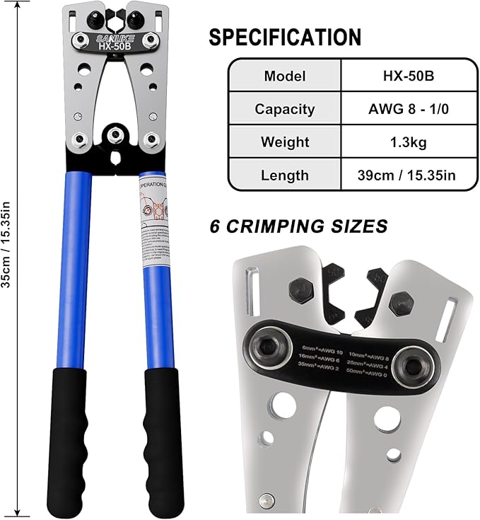 Sanuke Battery Cable Lug Crimping Tool, Cable Cutters High Leverage, Wire Crimper for AWG 8 6 4 2 1/0 Copper Wire Lugs, Aluminum Copper Communication Cables Cutting