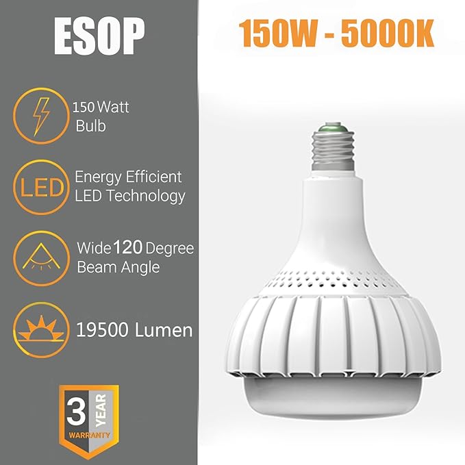 150W LED Bulb E39 Mogul Base, E39/E26 Super Bright Light Bulbs 5000K Daylight 19500LM Equivalent 1200Watt HPS/Metal Halide, High Lumen LED Bulb for Commercial Warehouse Workshop Factory Backyard Barn