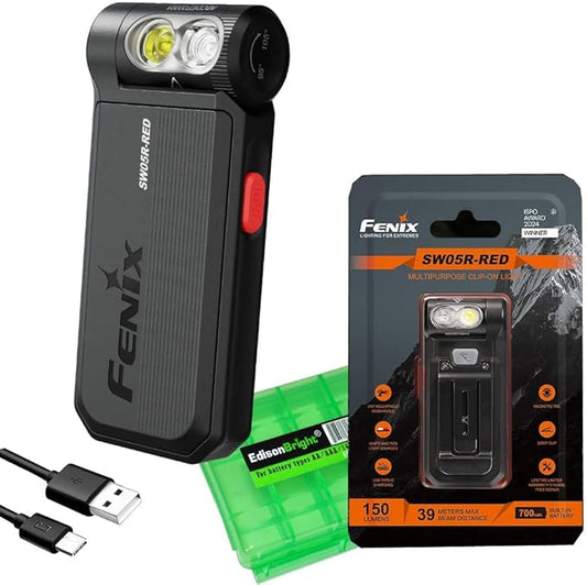 Fenix SW05R-RED Clip On Flat Body swival Flashlight with Red Light with EdisonBright Accessory case Bundle (Black)