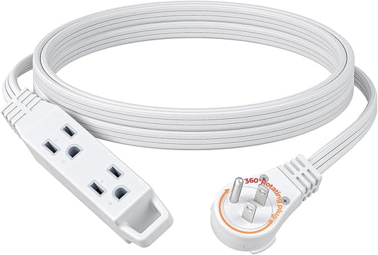 DEWENWILS 10FT Flat Plug Extension Cord, 3 Prong Ultra Thin Power Strip, 360° Rotating Plug, 13A/125V/1625W, 16 Awg Grounded Flat Power Cable for Indoor Narrow Space, SPT-3, ETL Listed, White