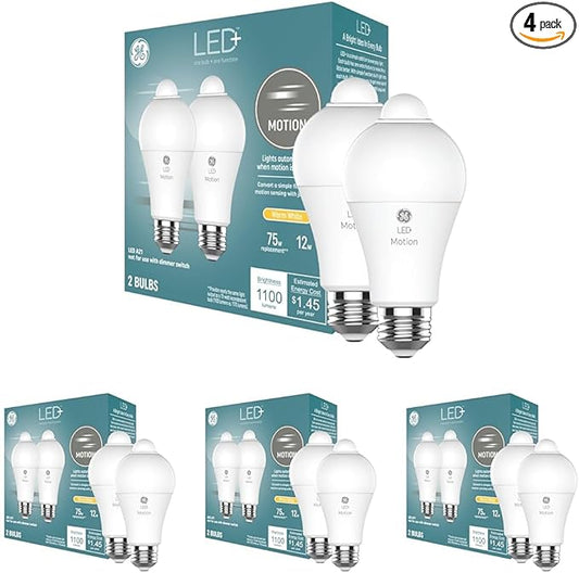 GE LED+ Motion Sensor LED Light Bulbs, 12W, Outdoor Security Lights, A21, Warm White (8 Pack)