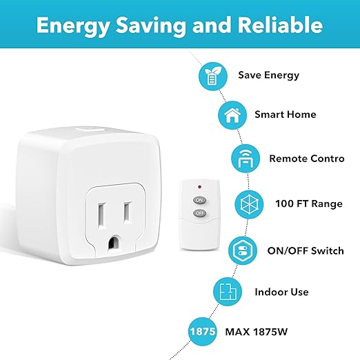HBN Remote Control Outlet with 100FT RF Signal, Wireless On Off Switch Plug for Household Appliances, Battery Included, 15A/1875W(1 Outlet + 1Remote)