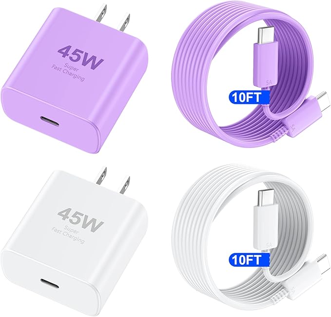 Phone 16 Pro Max Charger Fast Charging, 45W USB C Phone 16 Super Fast Charger Block with 10ft Long Type C Charging Cable Cord for Phone 16/16 Pro/16 Pro Max/16 Plus, 15/15 ProMax/Pro/Plus-White+Purple