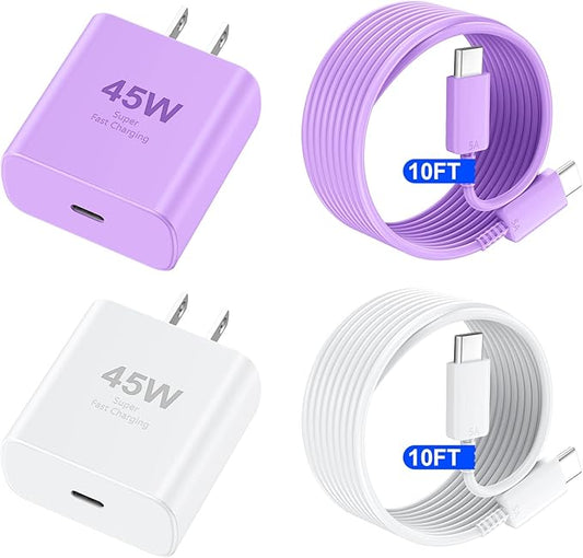 Phone 16 Pro Max Charger Fast Charging, 45W USB C Phone 16 Super Fast Charger Block with 10ft Long Type C Charging Cable Cord for Phone 16/16 Pro/16 Pro Max/16 Plus, 15/15 ProMax/Pro/Plus-White+Purple