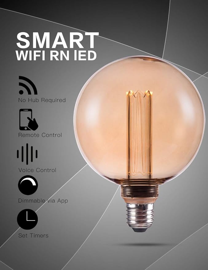Smart WiFi Decorative Round LED Light Bulb, 3.8W Amber RN Vintage Edison LED Bulb, G125, Dimmable Soft Warm 2000K, E26 Base, No Hub Required, Compatible with Alexa and Google Home Assistant