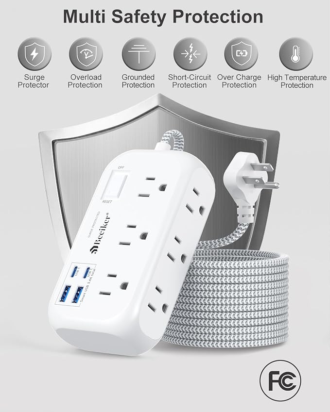 4 USB(2 USB C) Surge Protector Power Strip- 15 Ft Extension Cord with 6 Widely Outlets and Switch, Flat Plug Desk USB Charging Station with Long Braided Extension Cord Wall Mount for Home Office Dorm