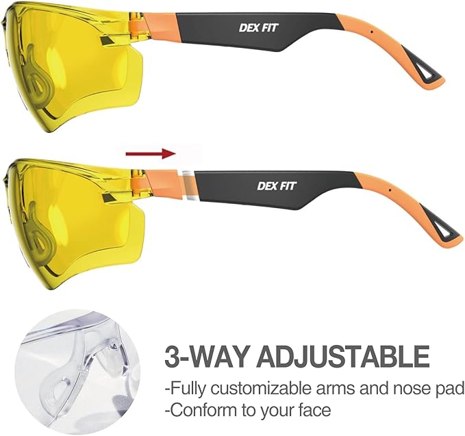 DEX FIT Safety Glasses SG210, Z87 Eye Protection, Anti-Fog & Scratch Resistant, Adjustable for Women and Men, Blue Light Blocking & UV Protection (Black & Blue Frame, Yellow Lens)
