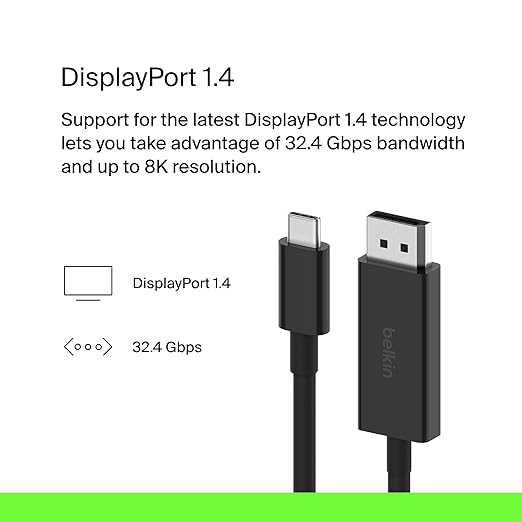 Belkin USB Type C to DisplayPort 1.4 Cable 6.6ft/2m, 32.4Gbps, 8K@60Hz or 4K@144HZ, with HBR3, DSC, HDCP 2.2, DP Alt Mode, Backwards Compatible, Works with Windows, MacOS, iPadOS, Android, and More