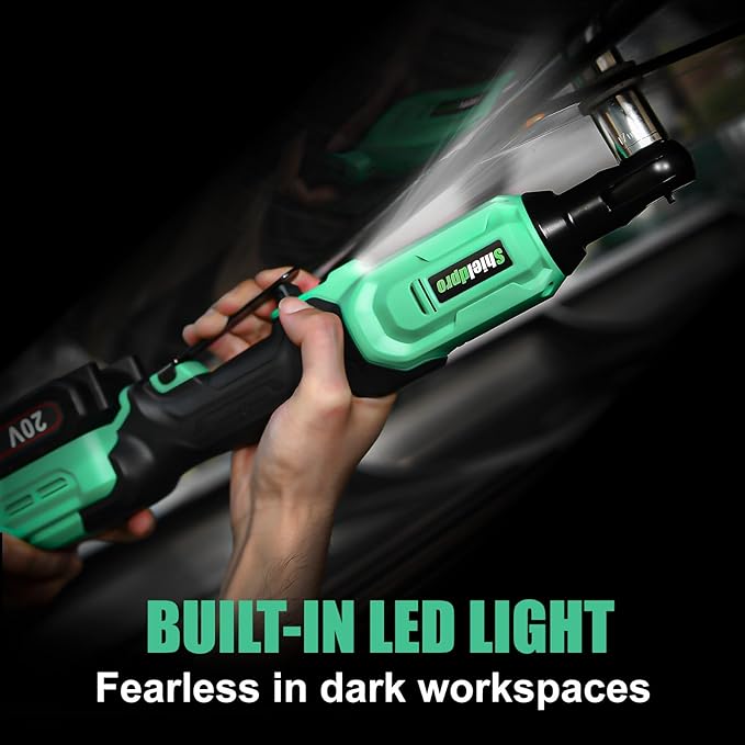 ShieldPro 20V Cordless Ratchet Wrench Set - 3/8" Electric Power Ratchet Kit with 400RPM, LED Work Light, and 2 Batteries, Fast Charger, Sockets, Adapters and Extension Bars (Green)