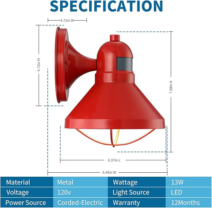 LONEDRUID Motion Sensor Outdoor LED Wall Sconce Dusk to Dawn Exterior Barn Lighting Fixtures Red Outside Porch Light Waterproof Farmhouse Wall Mount Lamp for House Garage Entryway