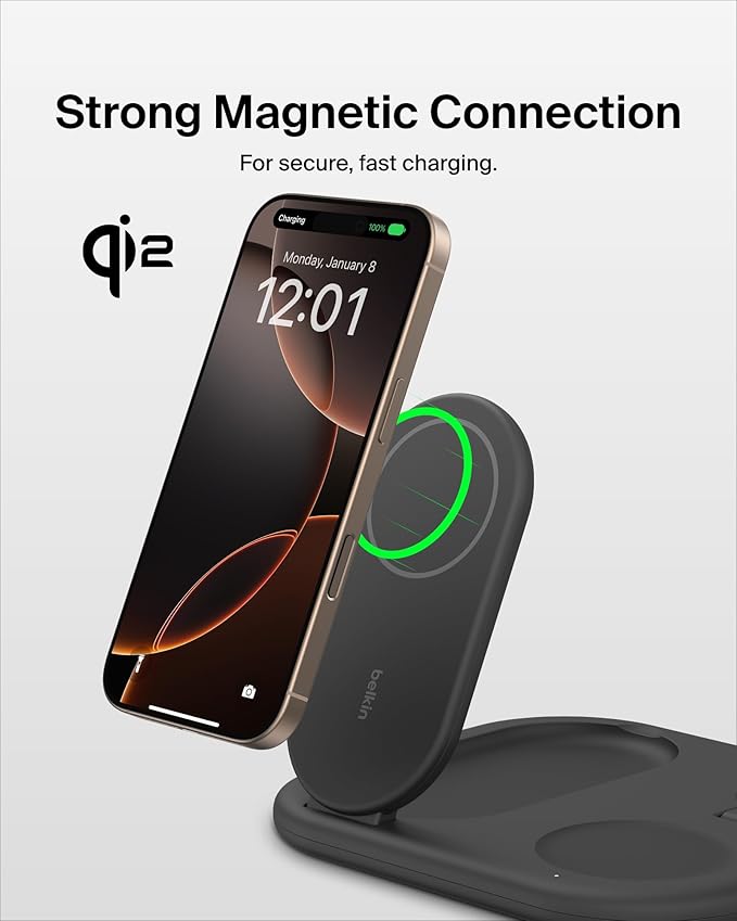 Belkin 3-in-1 MagSafe-Compatible iPhone Charger 15W, Foldable Magnetic Qi2-Certified Wireless Charging Station for iPhone 16, Apple Watch Series 10, AirPods 4, and More, w/Non-Slip Base & PSU - Black
