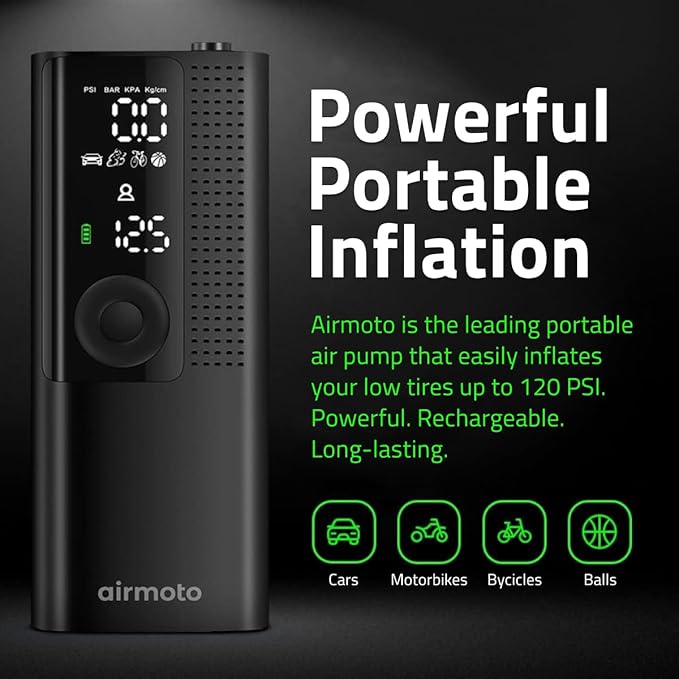 Airmoto Tire Inflator Portable Air Compressor - Air Pump For Car Tires with Digital Pressure Gauge, LED Light and Auto Shut-Off Function - Cordless Pump for Car, Motorcycle, Bicycle, Balls and More