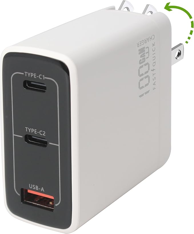 Fast 100W Dual USB-C Plus USB-A Charger - GaN Power Delivery - Fast Compact Power Adapter for Laptops, Smart Phones, Tablets and Thousands of Other Devices (White, 100W)
