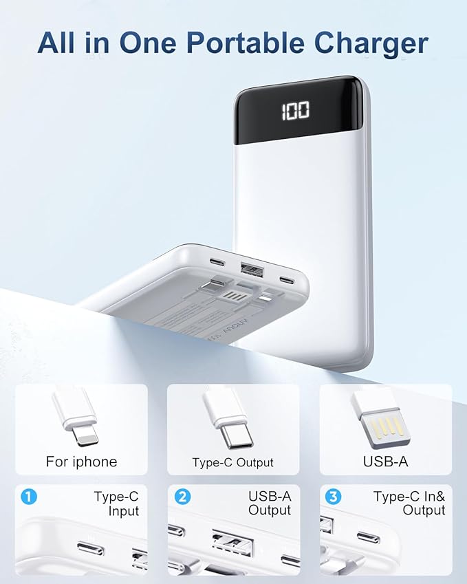 Portable Charger with Built-in Cables 10000mAh Power Bank with Cords, Slim Fast Charging Battery Pack, Travel Essential Portable Charger for iPhone 17/16/15/14/13 Series, Samsung Google Pixel iPad