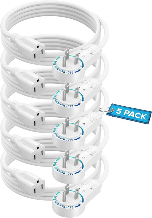 Maximm Extension Cord 3 Feet White (5 Pack) Flat Plug, 360° Rotating Short Power Cord Single Outlet, Indoor 16 Gauge 3 Prong Grounded Wire UL Certified