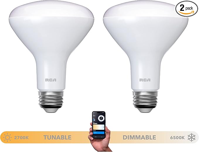 RCA Dimmable Smart Light Bulbs, BR30 WiFi LED Light Bulb, Indoor Flood LED Bulbs, 9W (60W Eq), 2700K Soft White, 720 Lumens, E26 Base, Voice Activated Lights, Google & Alexa Light Bulb, 2-Pack