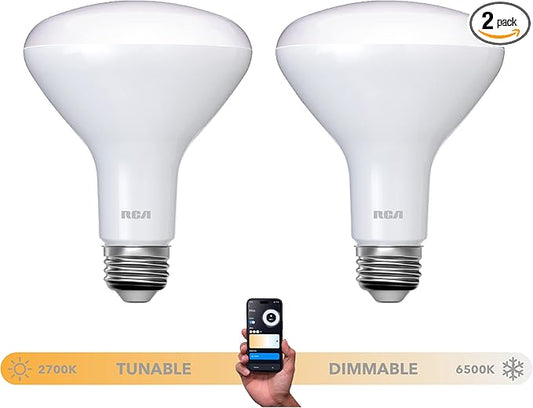 RCA Dimmable Smart Light Bulbs, BR30 WiFi LED Light Bulb, Indoor Flood LED Bulbs, 9W (60W Eq), 2700K Soft White, 720 Lumens, E26 Base, Voice Activated Lights, Google & Alexa Light Bulb, 2-Pack