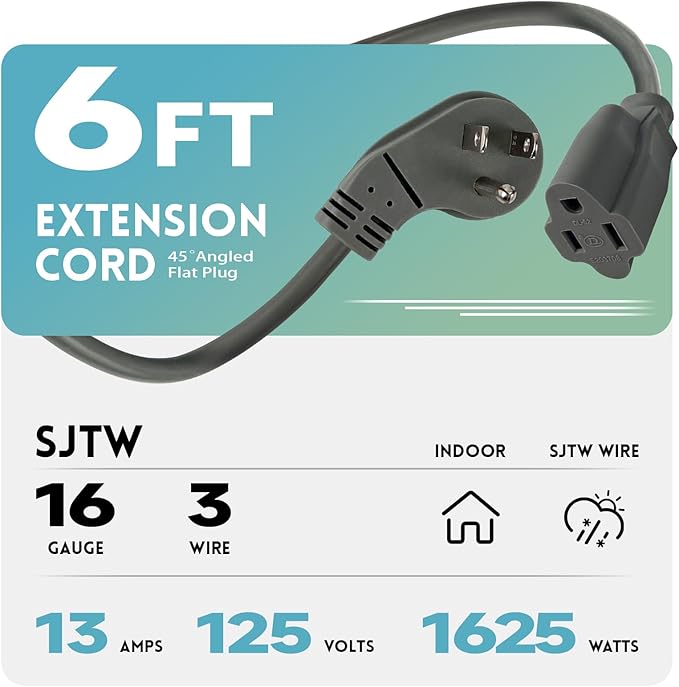 EP 2 Pack 6 Ft Flat Plug Extension Cord, 16 AWG 3 Prong Grounded Grey Low Profile Extension Cable for Indoor