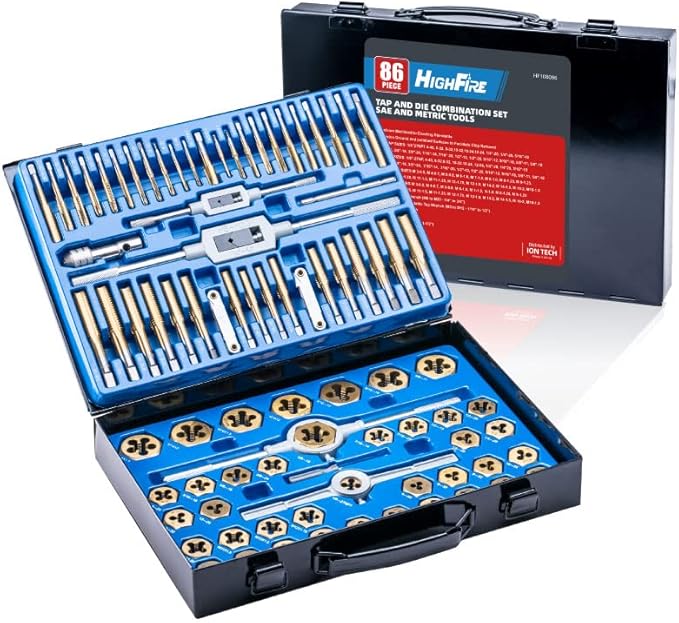 HIGHFIRE 86 pcs Tap and Die Set, SAE and Metric Standard, Large Tap and Die Set with Hex Shape, Titanium Coated Tap and Die Set with Storage Case, All-in-One Tap and Die Set