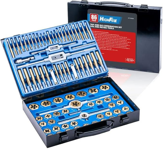 HIGHFIRE 86 pcs Tap and Die Set, SAE and Metric Standard, Large Tap and Die Set with Hex Shape, Titanium Coated Tap and Die Set with Storage Case, All-in-One Tap and Die Set