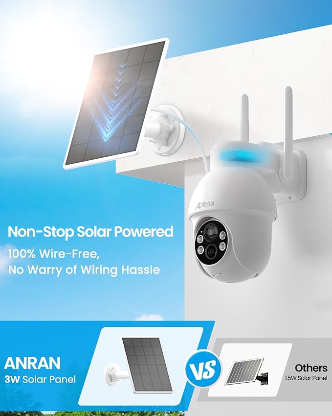 ANRAN 2K Solar Security Camera Wireless Outdoor, 2 Pack Battery-Powered WiFi Camera with 360° PTZ for Home Security, PIR Motion Detection, 3MP Color Night Vision, Two-Way Audio, Alexa Compatible