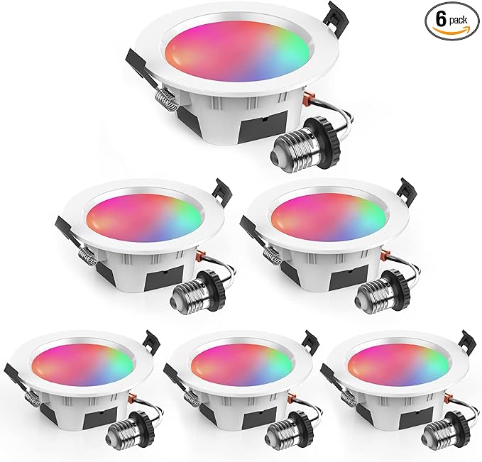 Smart Recessed Lighting 3 Inch, RGBCW, 2700K-6500K CCT Selectable, Dimmeble, Color Changing LED Downlight 6 Pack, App Control, CRI80+ RGB Can-Killer LED Downlight Light Fixtures