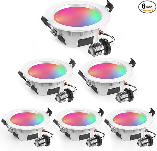 Smart Recessed Lighting 3 Inch, RGBCW, 2700K-6500K CCT Selectable, Dimmeble, Color Changing LED Downlight 6 Pack, App Control, CRI80+ RGB Can-Killer LED Downlight Light Fixtures
