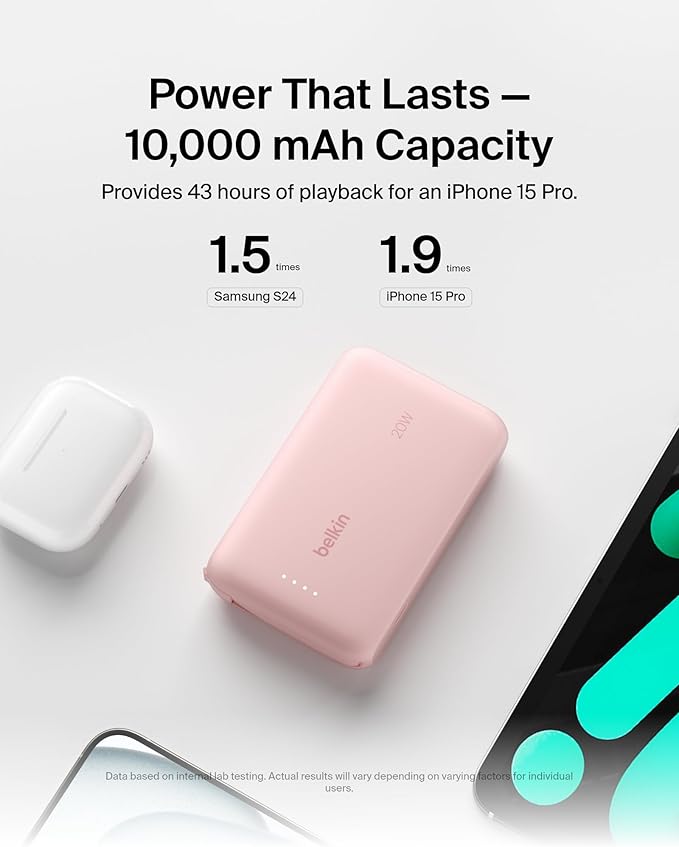 Belkin Portable Charger, Power Bank with Integrated Cable 10000 mAh 20W - Fast Charge USB C Power Delivery, iPhone Charger - iPhone 16 Series, iPad Pro, Galaxy S25, & More - Pink
