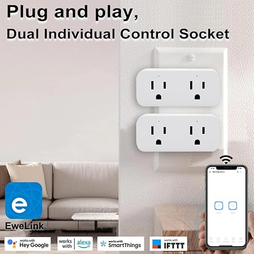 Ewelink 16a WiFi Smart Plug, App Remote Control Timer Outlet Power Socket with 2.4Ghz Wireless Switch, 2-in-1 Compact Design, Compatible with Alexa,Google Home, SmartThings