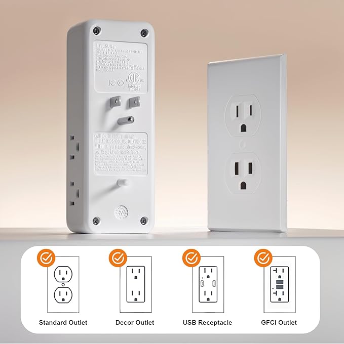 Surge Protector Outlet Extender- 4 USB Wall Charger (2 USB C) 4.5A Total, Wall Plug Splitter with 6 AC Electrical Power Expander, Spaced for Travel Home Office, White