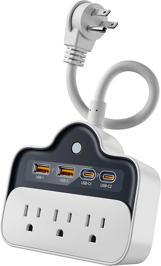 Wall Power Strips 65W USB-C Outlet Extender, Surge Protector Splitter 6 Inch Short Extension Cord, Multi Plug Wall Outlets with 4 USB Ports, 3 AC Outets, Power On/Off Switch (1)