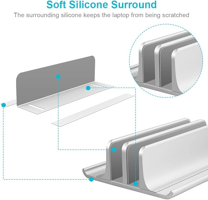 Vaydeer Aluminum Laptop Stand Double-Slot Adjustable Vertical Laptop Stand Newly Designed 2 Slot Desktop Holder for All MacBook/Chromebook/Surface/Dell/iPad Up to 17.3 Inches, Silver