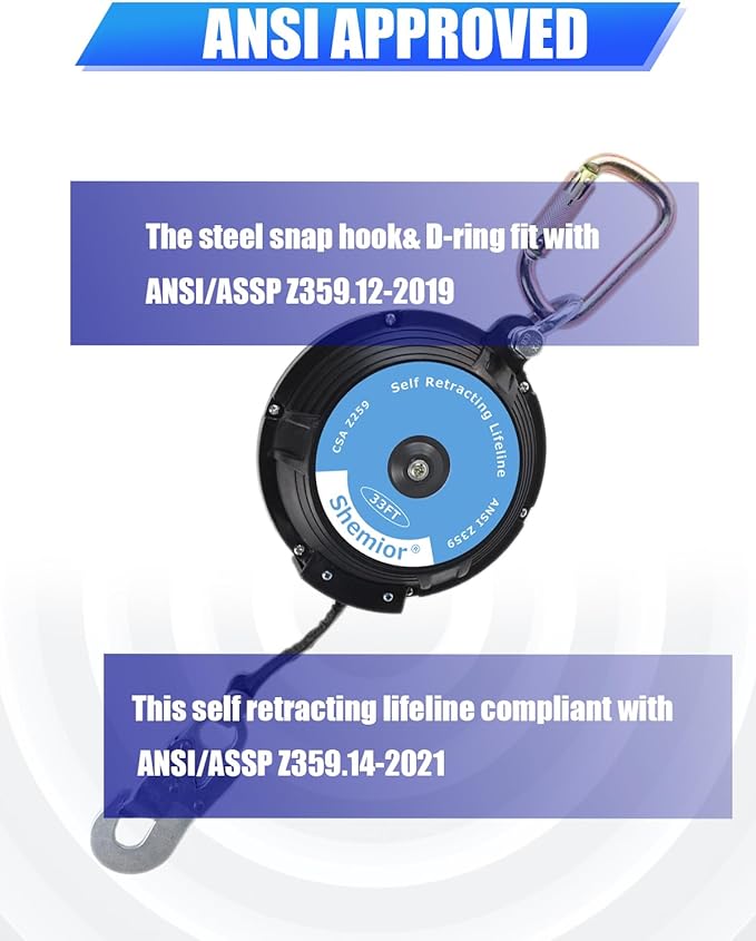 33FT Web Self Retracting Lifeline, No Tangle Lightweight Housing SRL, Self Retractable Safety Lanyard, Fall Arrest Protection PPE Gear for Roofing Construction, OSHA/ANSI Compliant