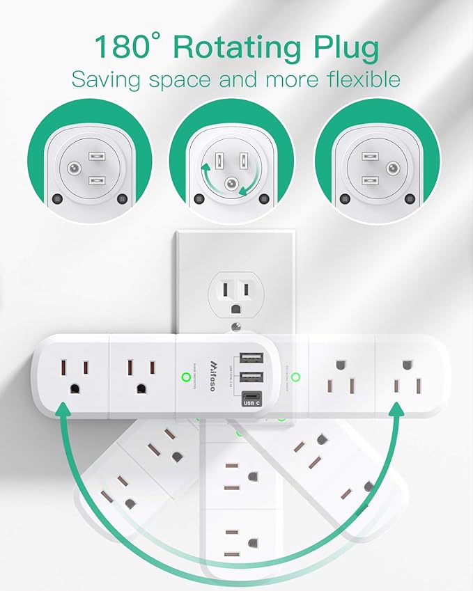 Surge Protector USB Outlet Extender, 6 AC Multi Plug Outlet and 3 USB Ports (1 USB C), 3-Sided Swivel Power Strip Outlet Splitter for Home, Dorm Room Essentials (2 Pack)