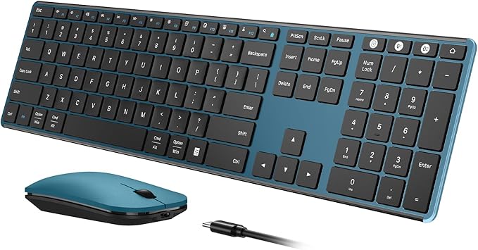 seenda Wireless Bluetooth Keyboard and Mouse Combo (USB + Dual BT), SKM64-3 Multi-Device Rechargeable Slim Keyboard and Mouse, Compatible for Win 7/8/10, MacBook Pro/Air, iPad, Tablet - Black Blue