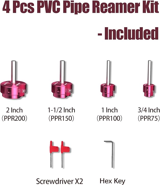 4 Pcs PVC Pipe Reamer Kit, PVC Fitsting Saver, Plastic Pipe Fitsting Reamer Socket Saver Plumbing Tool Includes 3/4'', 1'', 1 1/2'', 2'' for Schedule 40 Fits Standard 1/2" Drill