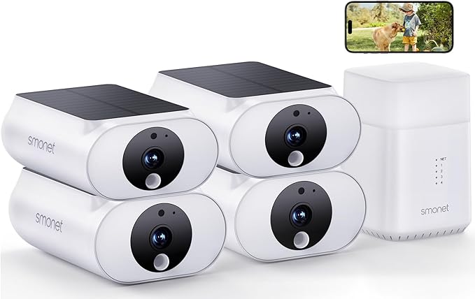 Solar Security Cameras Wireless Outdoor, 2K WiFi Home Security Camera System, 4 Surveillance Cameras Kit Battery Powered, 128G Local Storage, Spotlight, Night Vision, No Monthly Fee