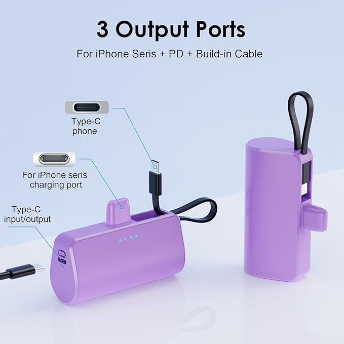 Mini Portable Charger for iPhone with Built-in Type-C Cable, 5200mAh Ultra-Compact Power Bank, PD 20W Fast Charging Battery Pack Phone Charger for iPhone 16/15/14/13, Samsung, Google, Android (Purple)