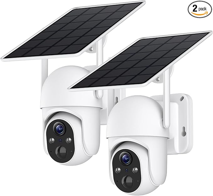 SEHMUA 2K Solar Security Cameras Wireless Outdoor, Low-Light Color Night Vision, 360° Live View, 2-Way Talk, PIR Motion Sensor, 2.4GHz Wi-Fi, White, 2 Pack