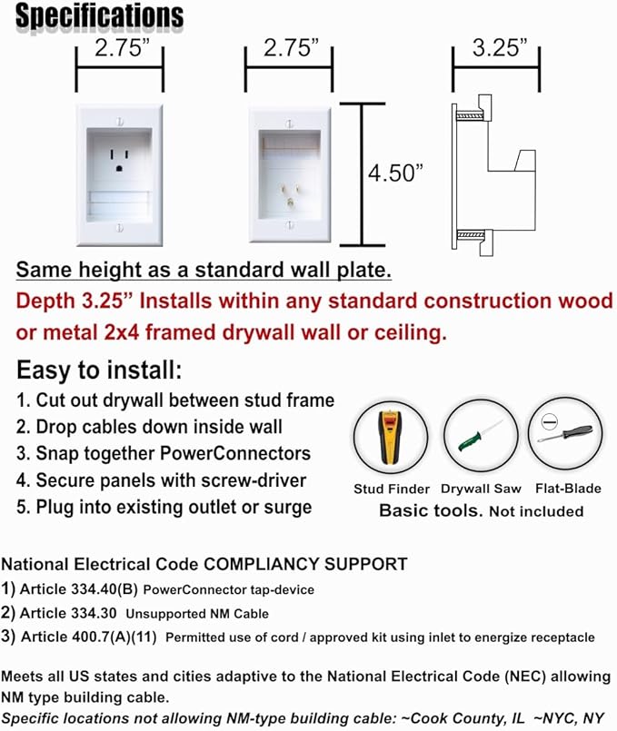 ONE-CK Single Outlet TV Cord Hider for Wall Mounted TVs - Recessed In-Wall Cable hider System for Power & Low Voltage - Matches Existing Outlets - Hide Wires With this Easy DIY Install Kit