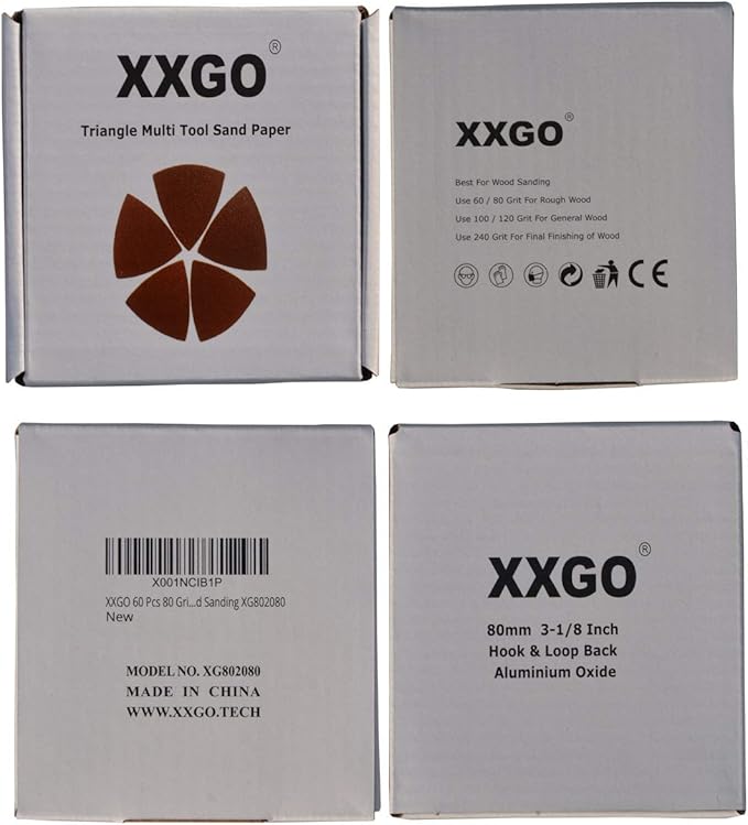 XXGO 60 Pcs 80 Grits 3-1/8 Inch 80mm Triangle Oscillating Tool Sanding Paper for Wood Sanding XG802080