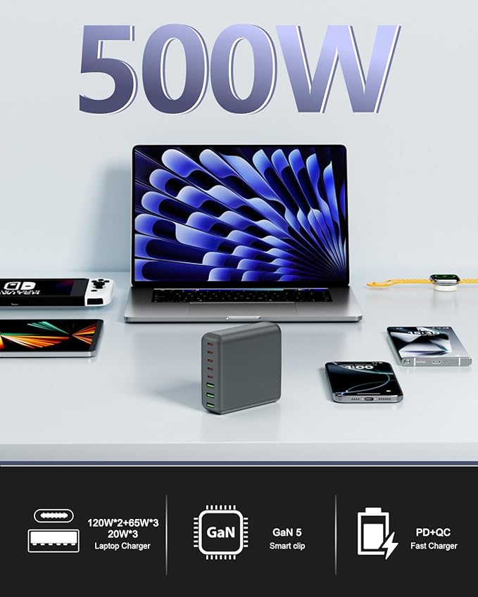 500W USB C Charger Block, 8-Port USB C Charging Station Fast Charging PD 120W PC Laptop Charger Adapter Compatible with MacBook Pro/Air/All iPad,DELL, iPhone 16/15/14/13/Pro Max/Galaxy